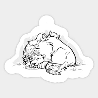 Napping lion with kittens Sticker